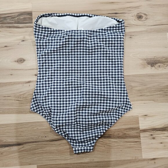 J. Crew Navy Ruched Checkered Bandeau One Piece Gingham Blue Swimsuit White 12 - Picture 5 of 11